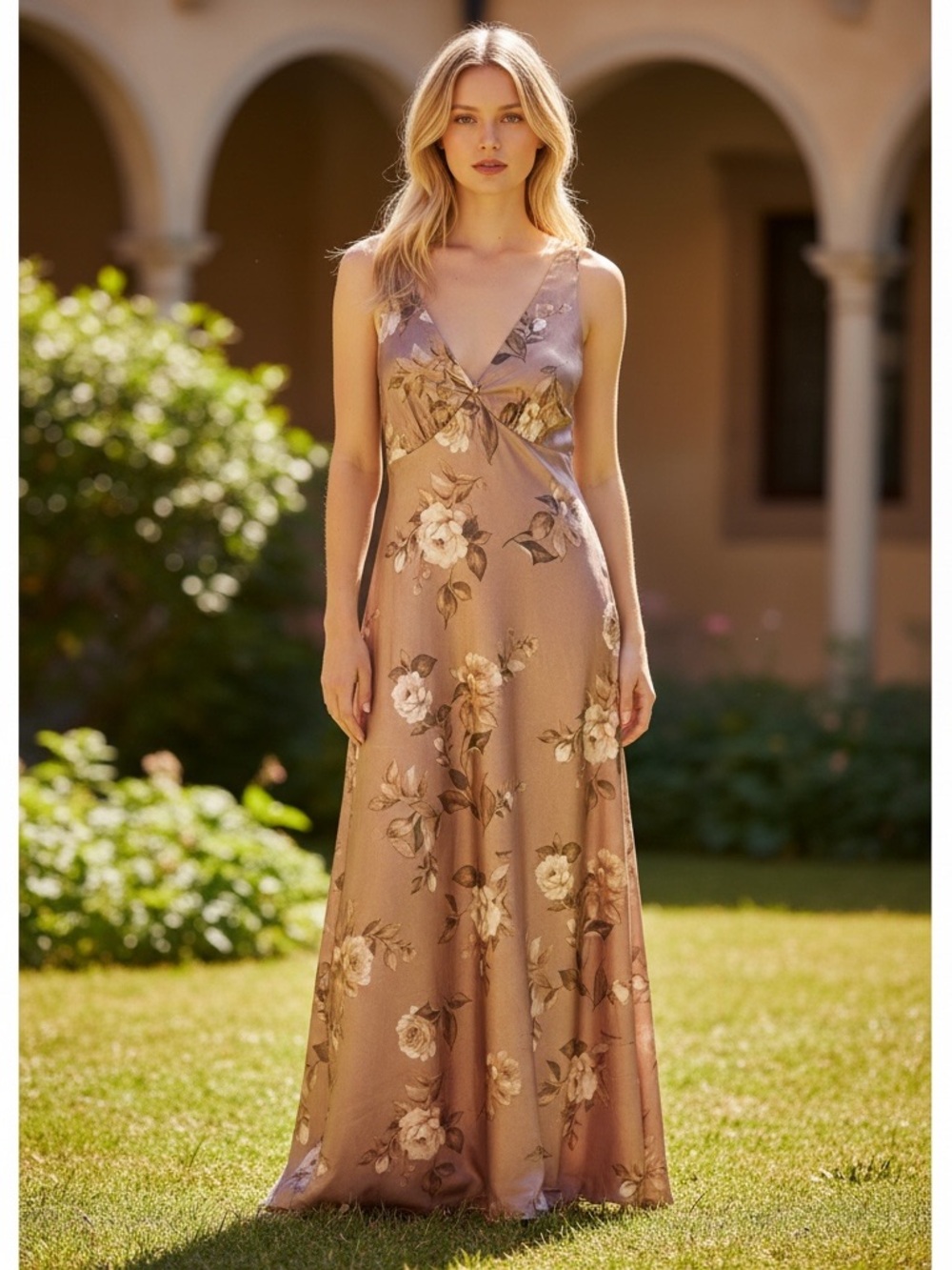 Reformation Inspired Satiny Empire Waist Maxi Dress Rosey Blush Brown Tones  XL